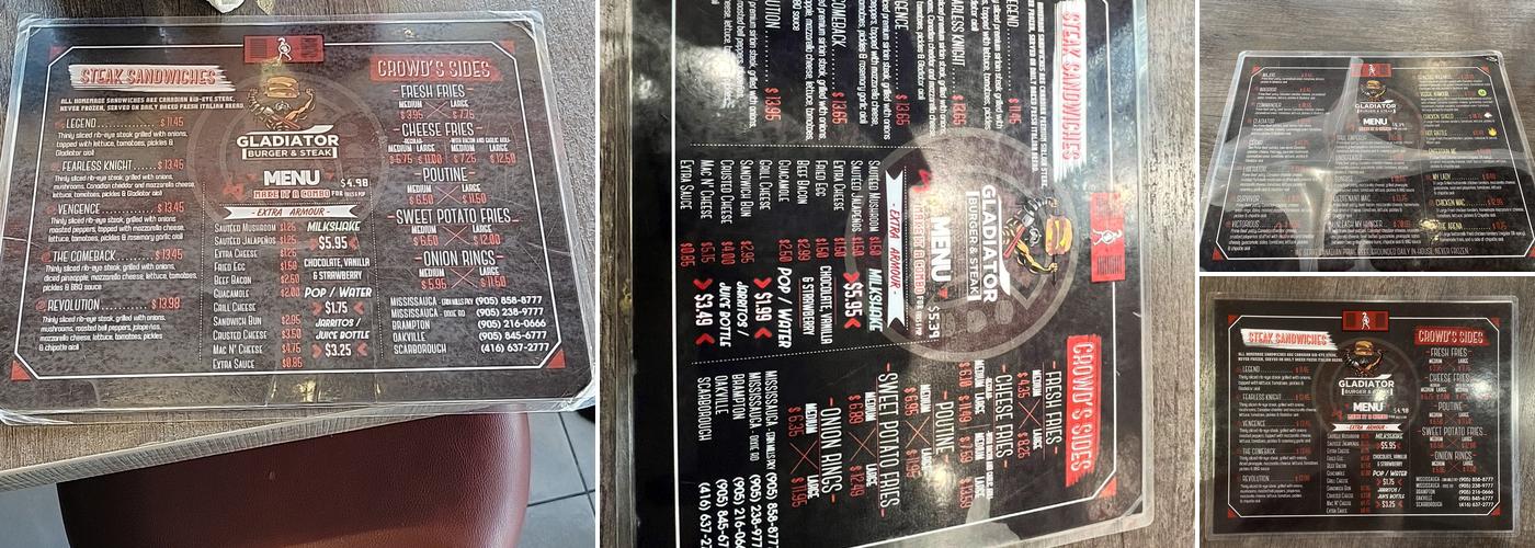 Gladiator Burger - Brampton Menu