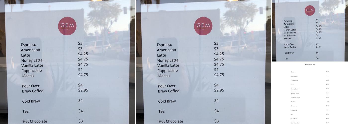 GEM COFFEE SD Menu