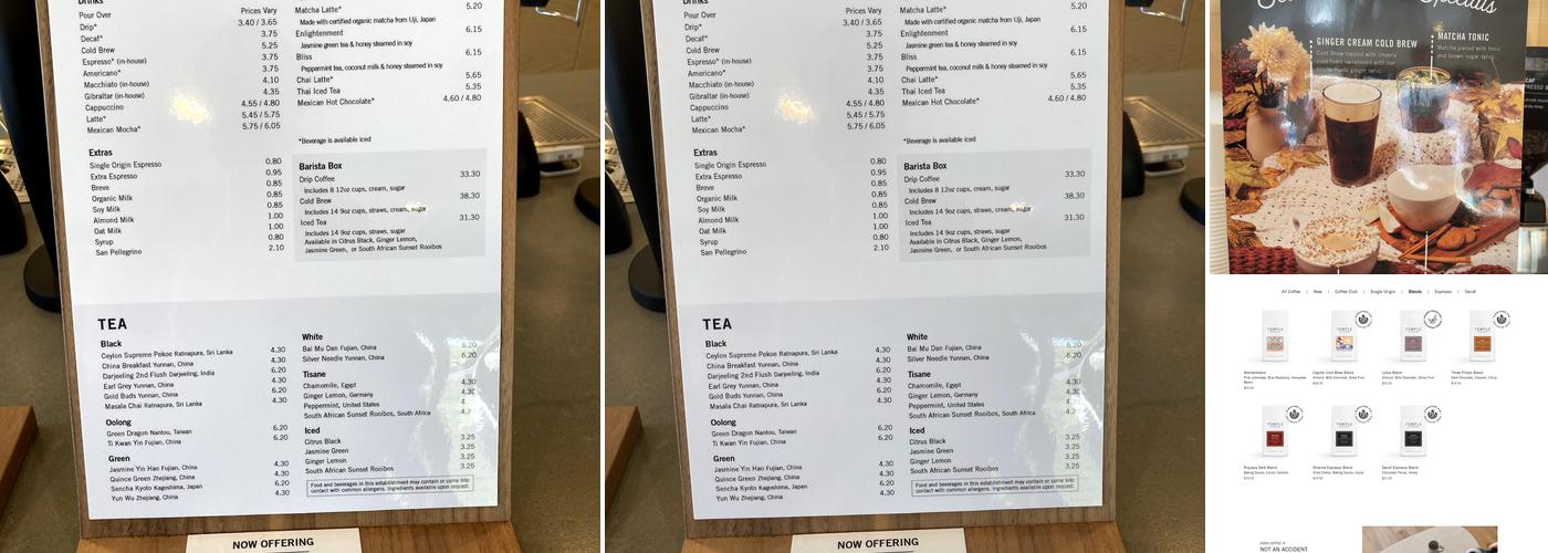 Temple Coffee Roasters Menu