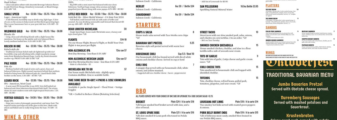 Pedals & Pints Brewing Company Menu
