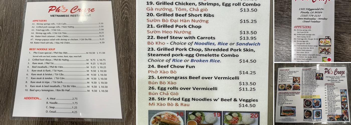 Pho Craze Menu