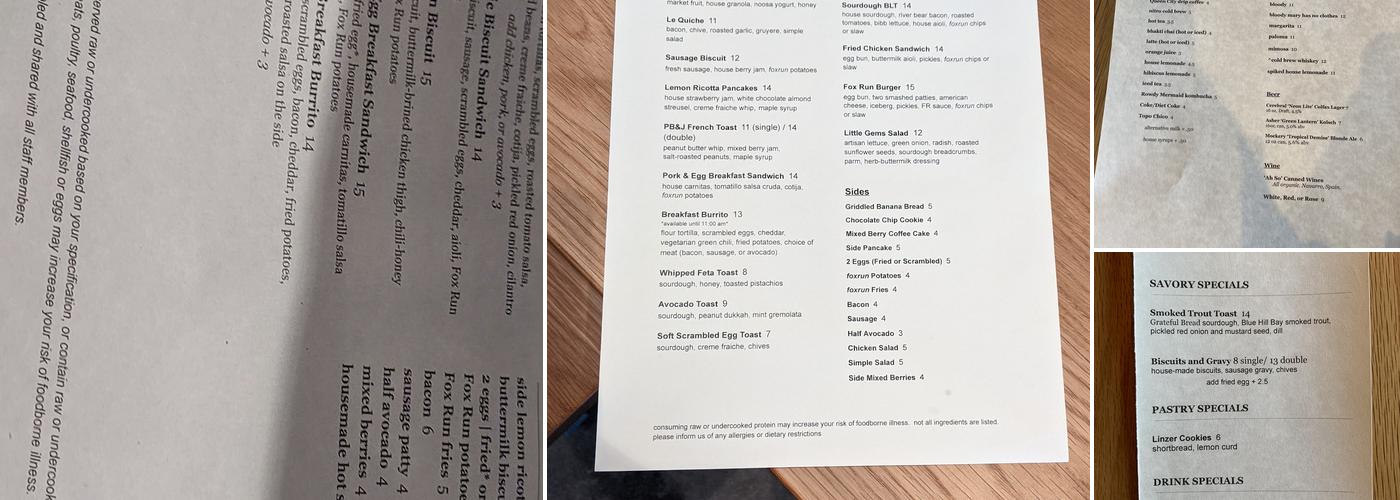 Fox Run Cafe Menu
