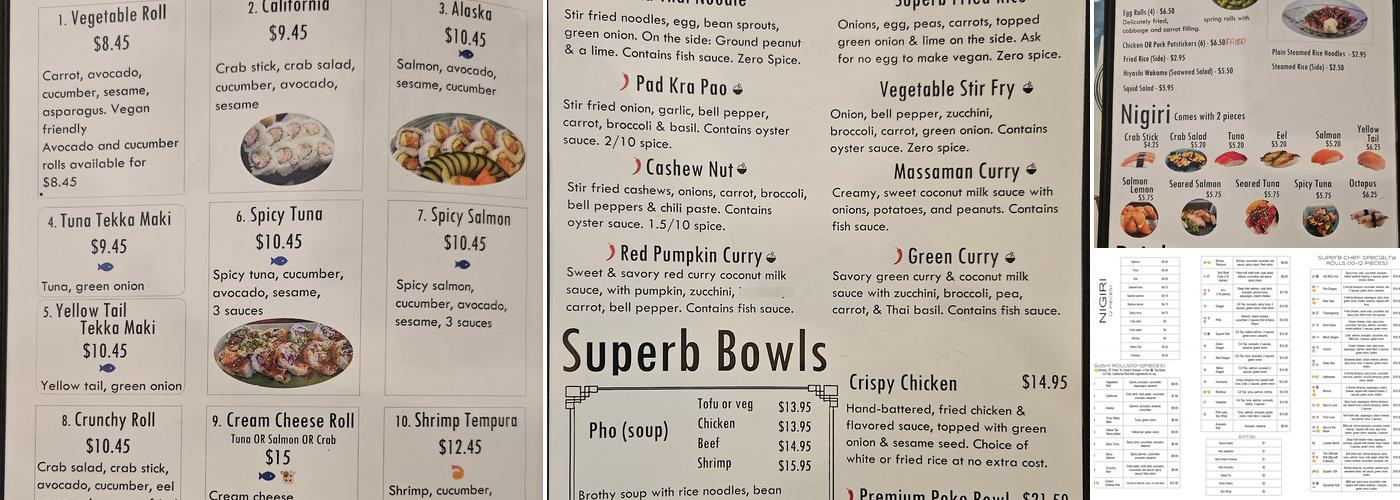 Superb Sushi Thai Fusion Menu