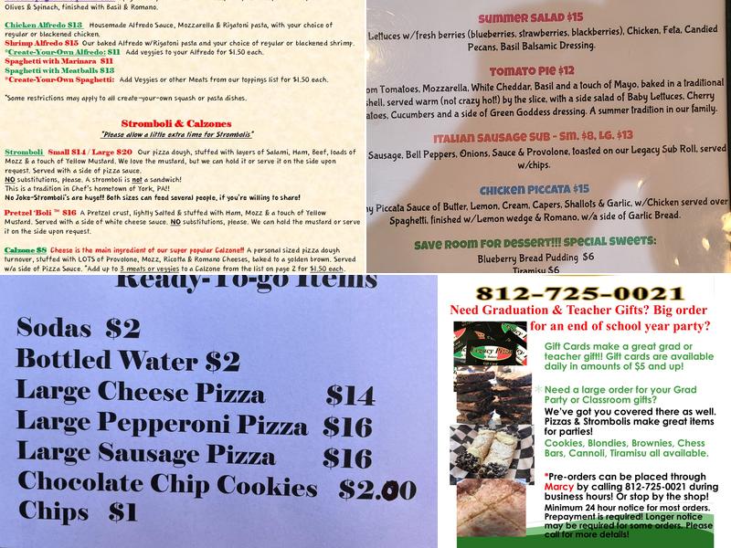 Legacy Pizza & Bakery Menu