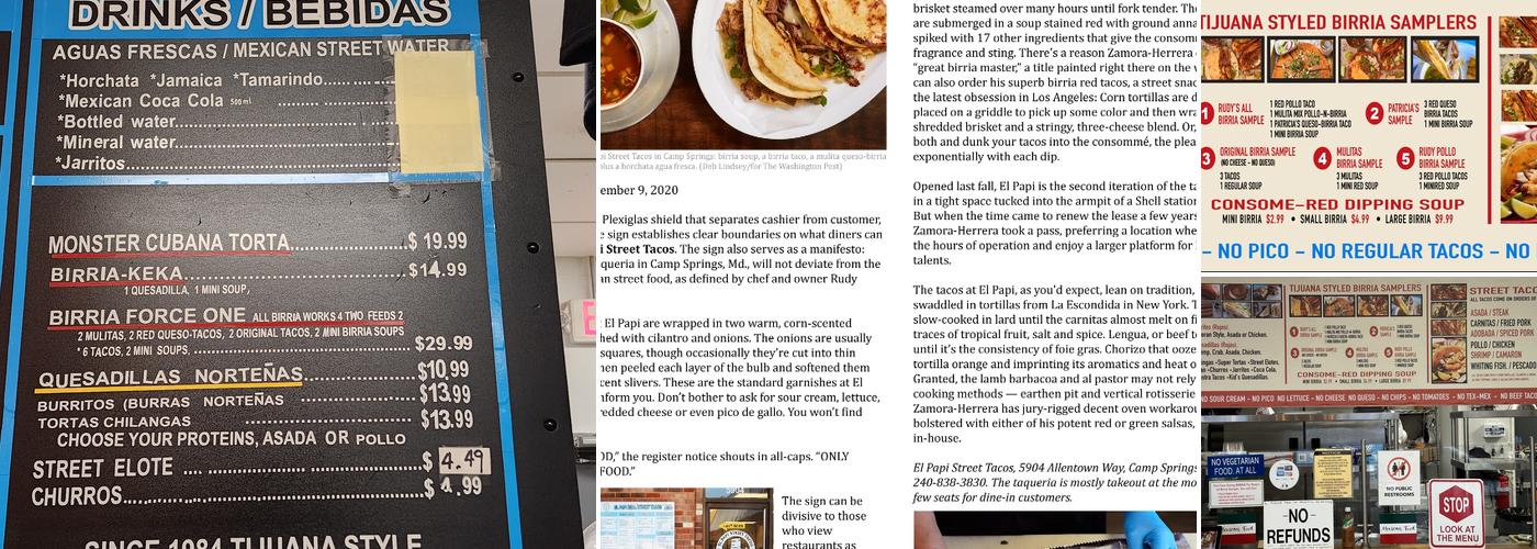 El Papi Real Street Tacos. Camp Springs. Menu