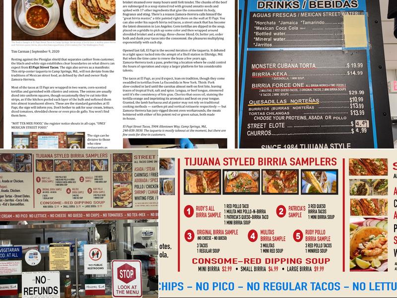 El Papi Real Street Tacos. Camp Springs. Menu