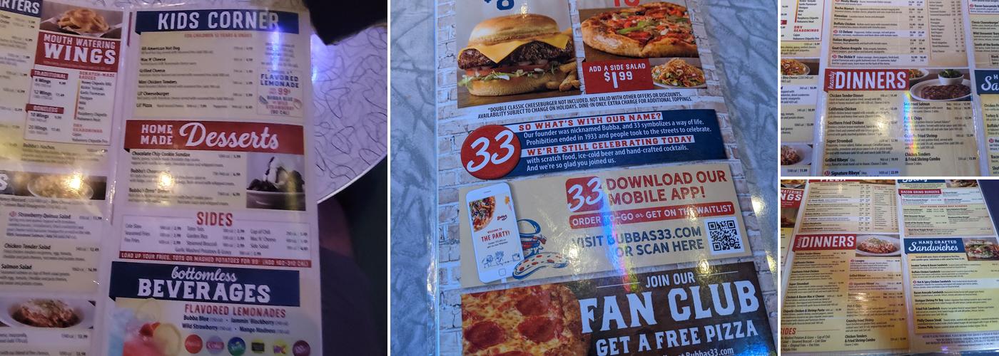 Bubba's 33 Menu