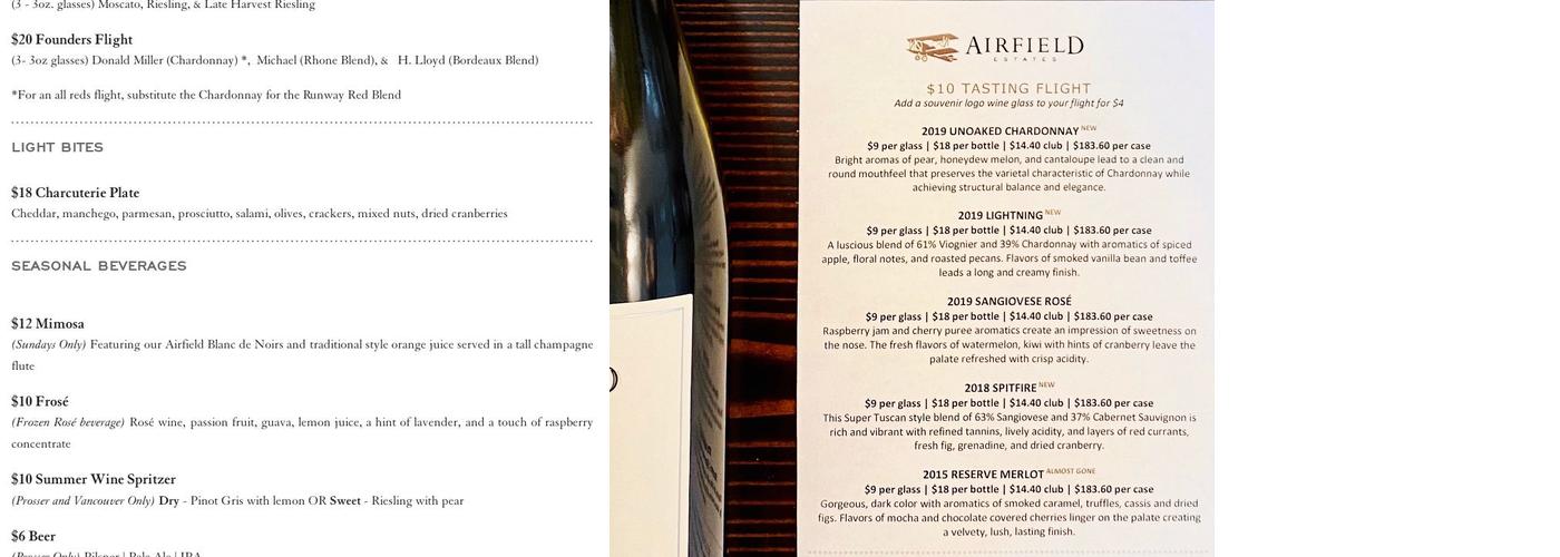 Airfield Estates Winery Vancouver Tasting Room Menu