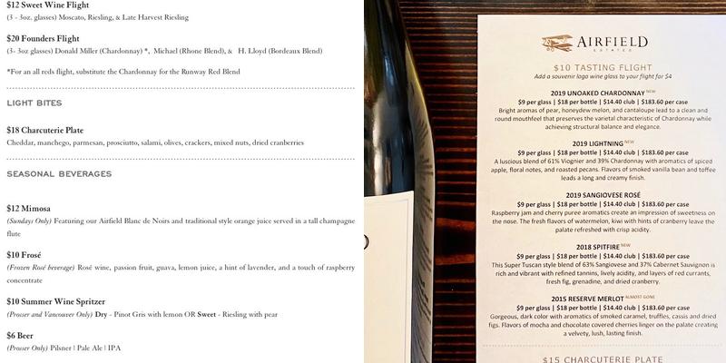 Airfield Estates Winery Vancouver Tasting Room Menu