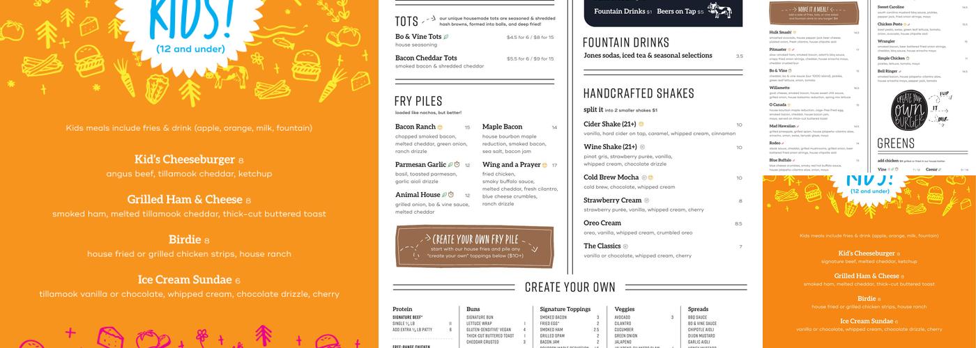 Bo & Vine Burger Downtown Eugene Menu