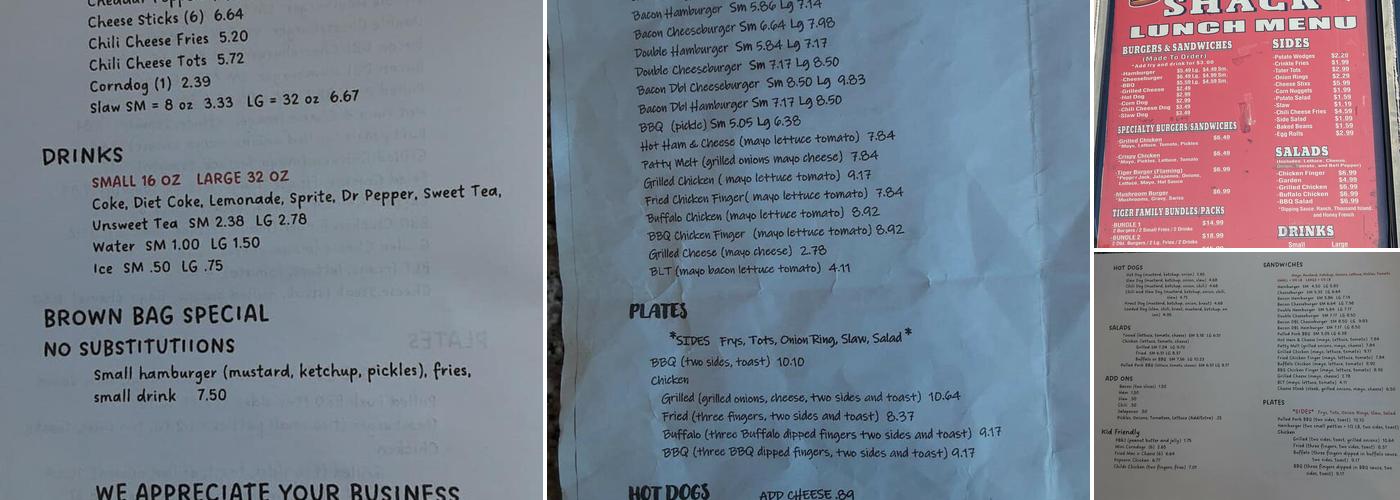 The Tiger Shack Menu