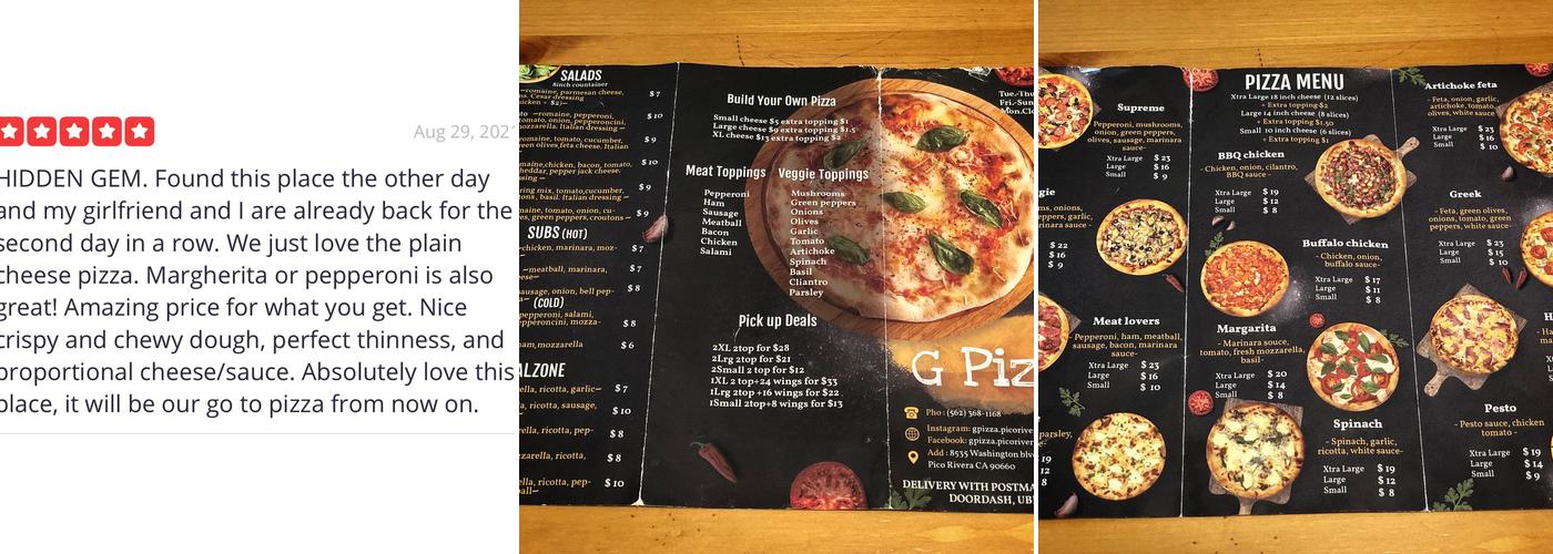 G Pizza Menu