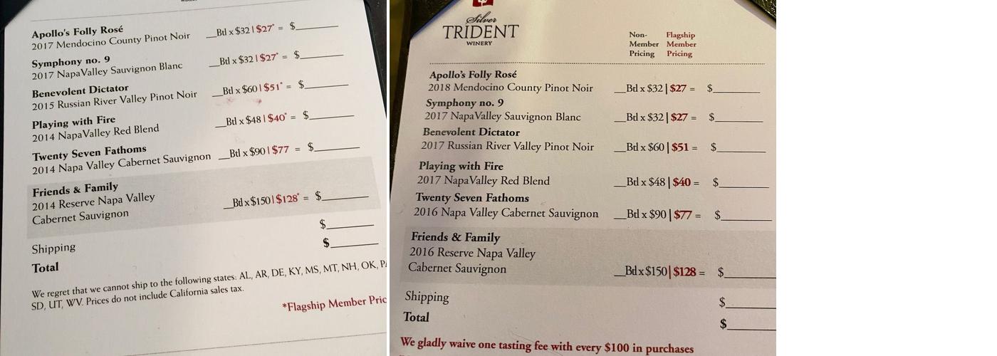 Silver Trident Winery Menu