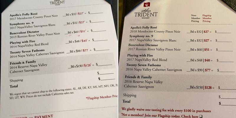 Silver Trident Winery Menu