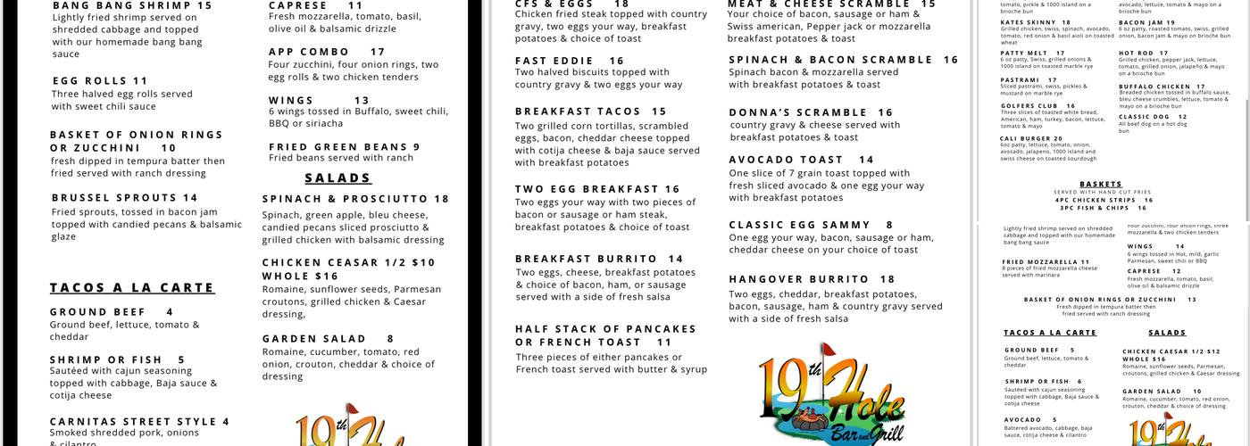 19th Hole Bar & Grill Menu