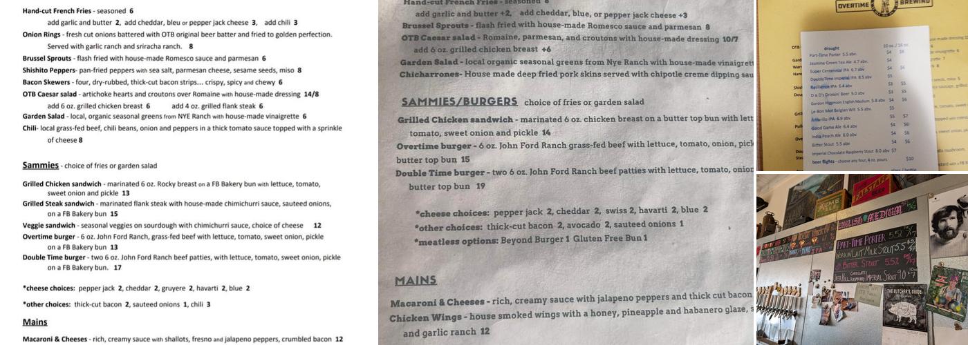 Overtime Brewing Menu