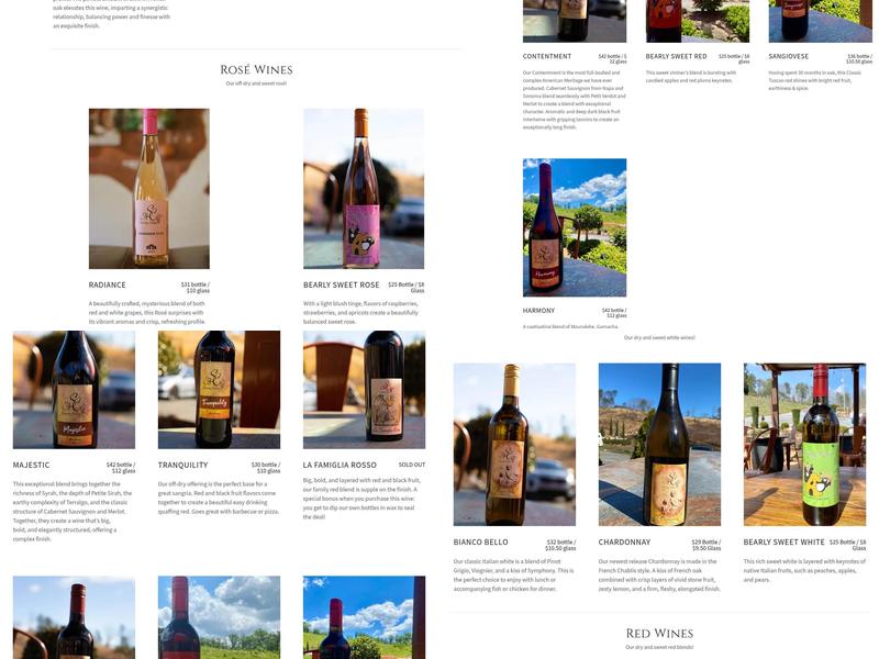 Serenity Cellars Menu