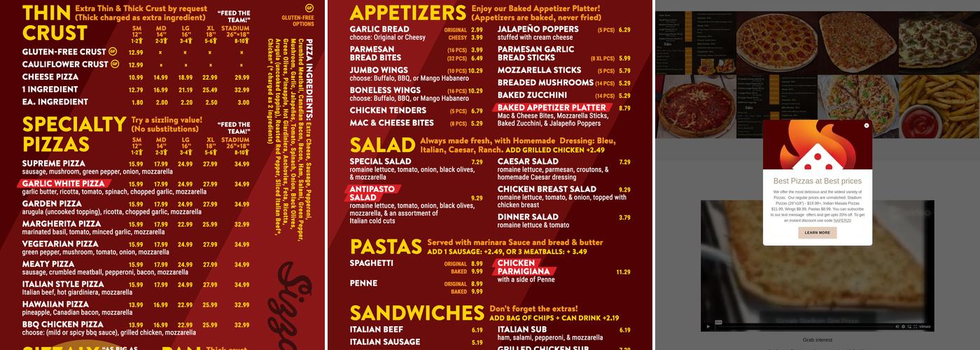 Sizzaly Pizza Menu