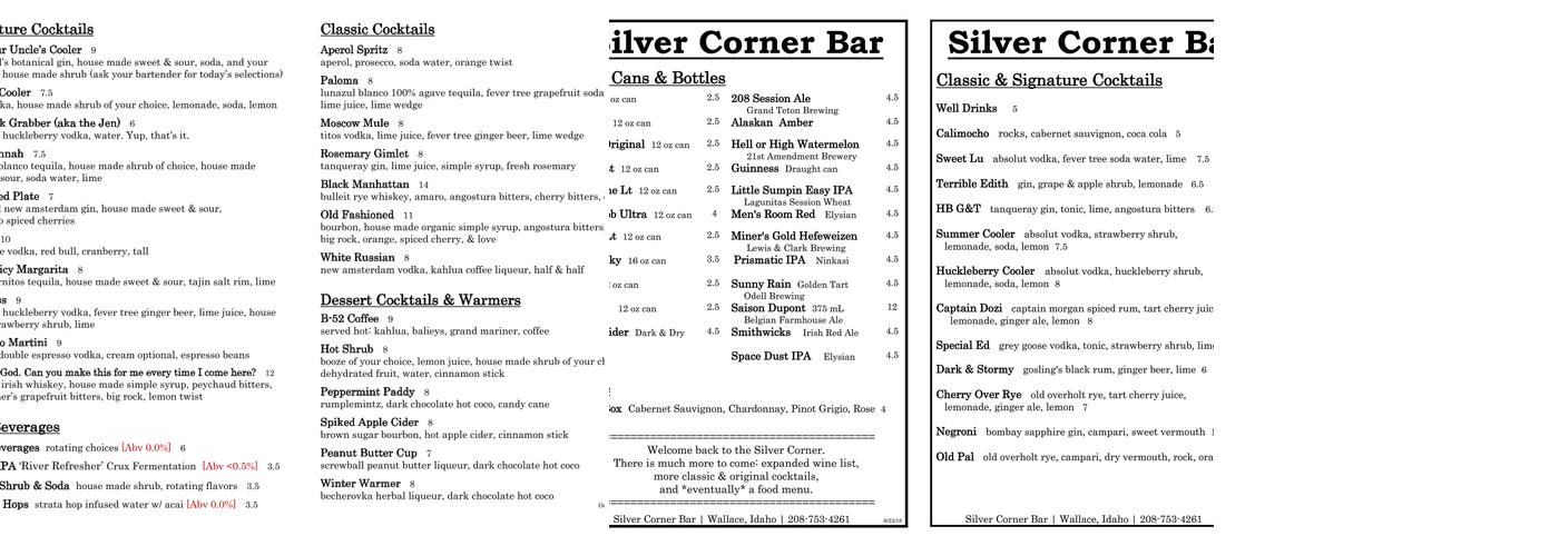 Silver Corner Bar Menu