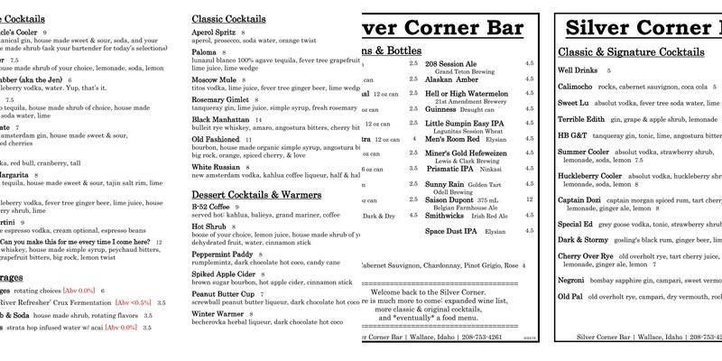 Silver Corner Bar Menu