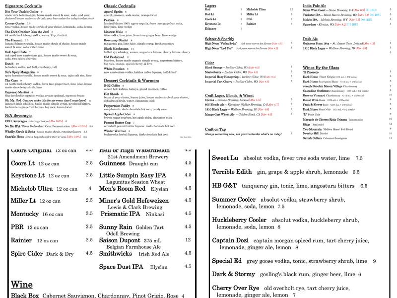 Silver Corner Bar Menu