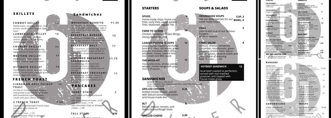 Old 61 Diner Menu