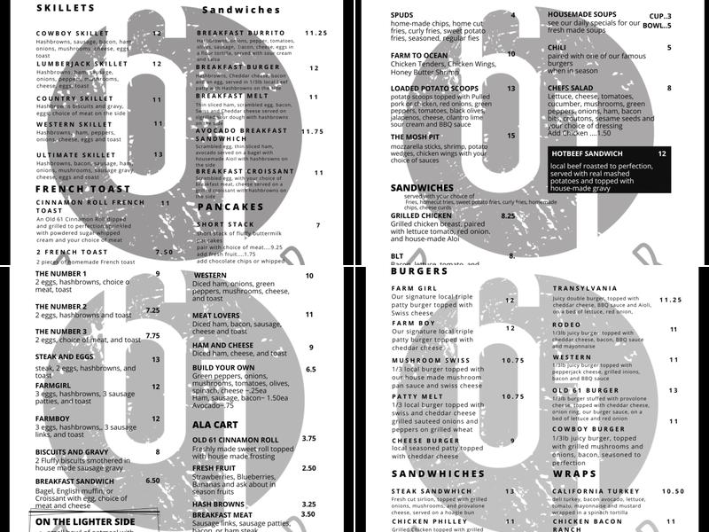 Old 61 Diner Menu