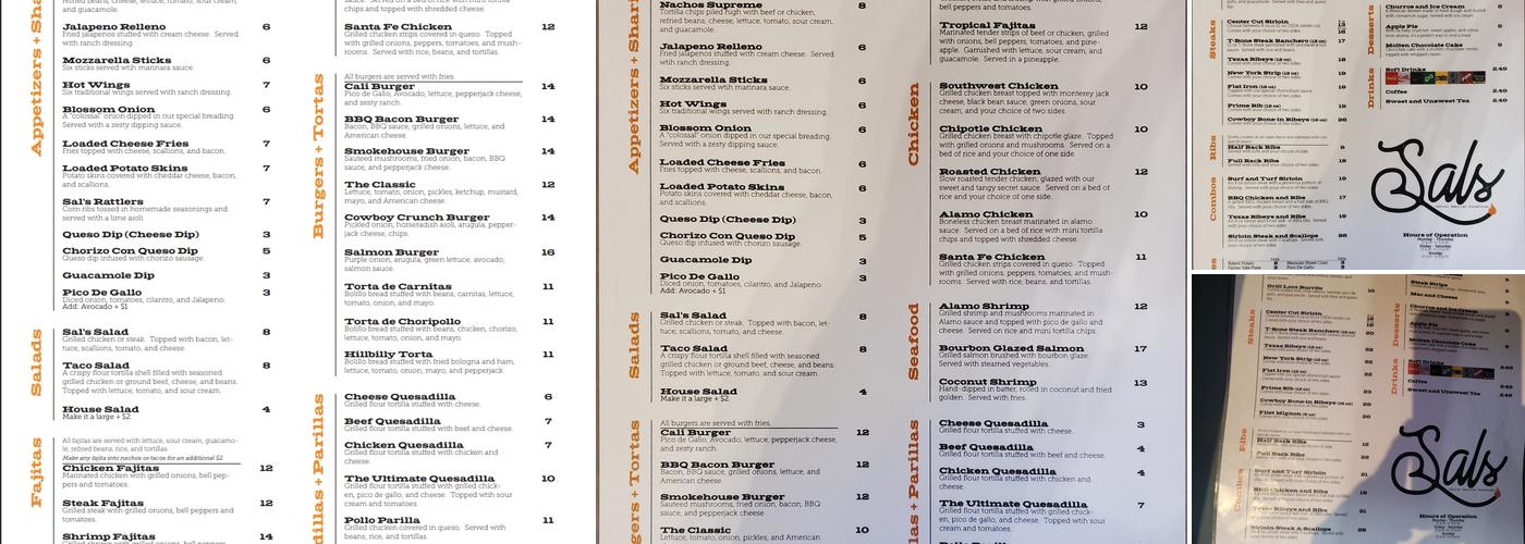 SAL'S STEAK & RIBS CENTRAL AMERICA STEAKHOUSE Menu