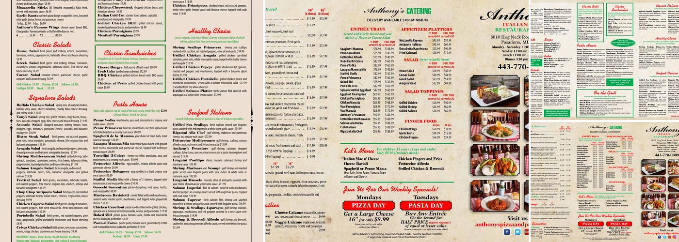 Anthony's Italian Restaurant & Wine Bar Menu
