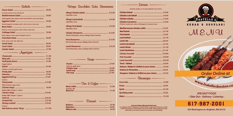 Fratello's Kebab & Souvlaki Menu
