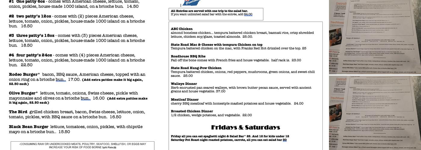 State Road Bar Menu