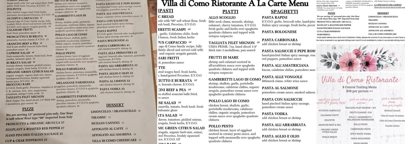 Villa di Como Ristorante Menu