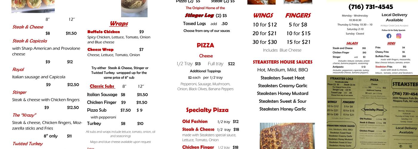 Steaksters Menu