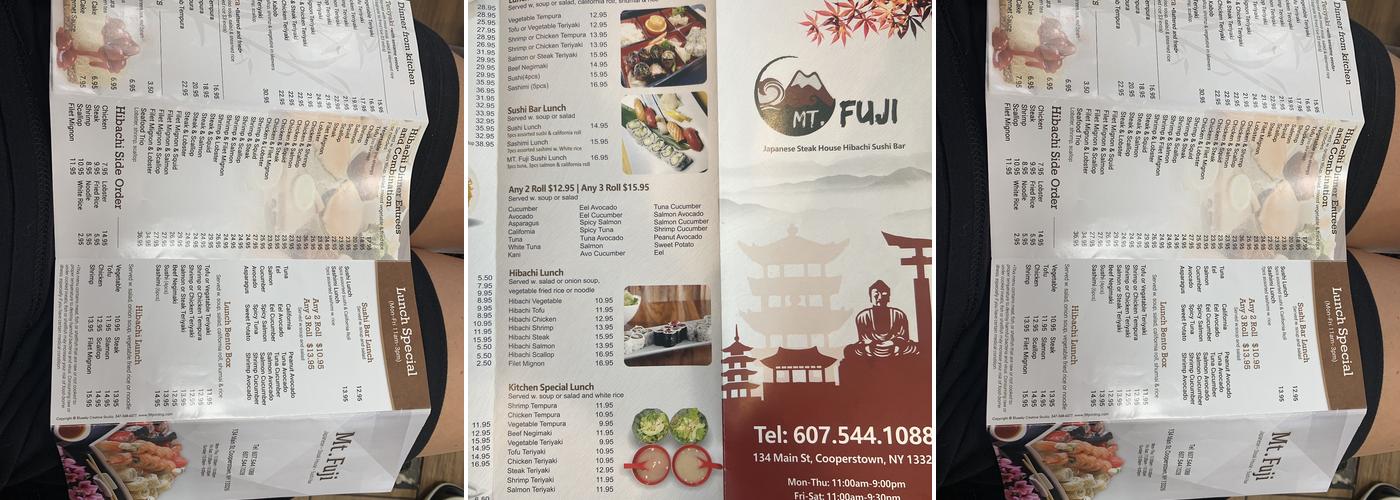 Cooperstown Mt.Fuji sushi restaurant Menu