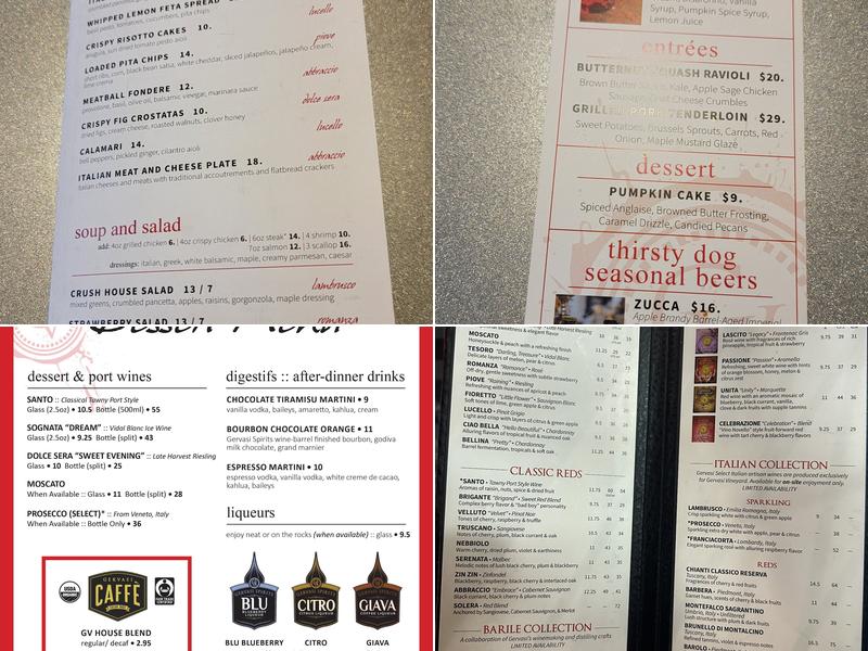 The Crush House at Gervasi Vineyard Menu