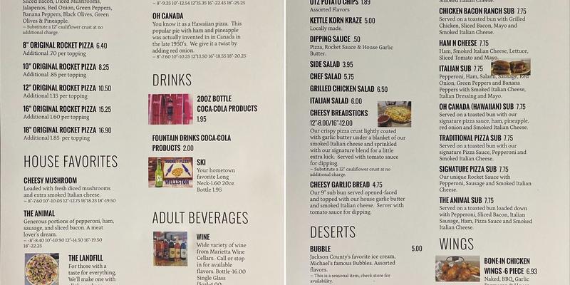 Rocket Pizza Menu