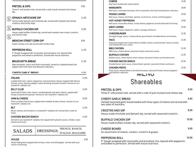 Stonegait Winery Menu