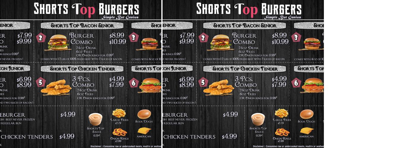 Shorts Top Burgers Menu