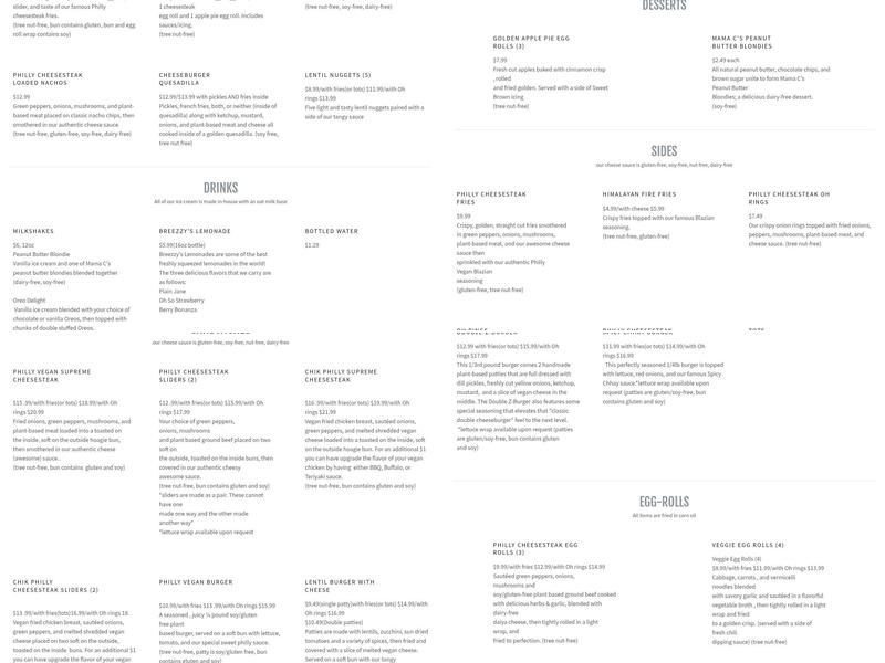 Philly Vegan Menu