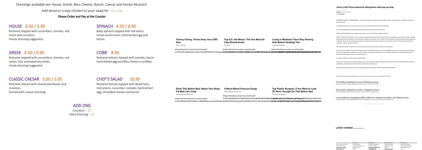 Jenny Lynd's Pizza Menu