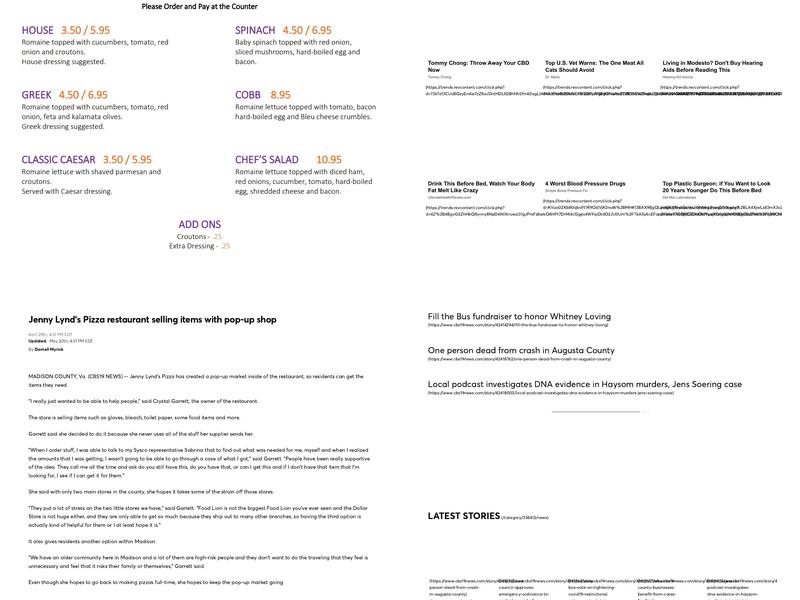 Jenny Lynd's Pizza Menu