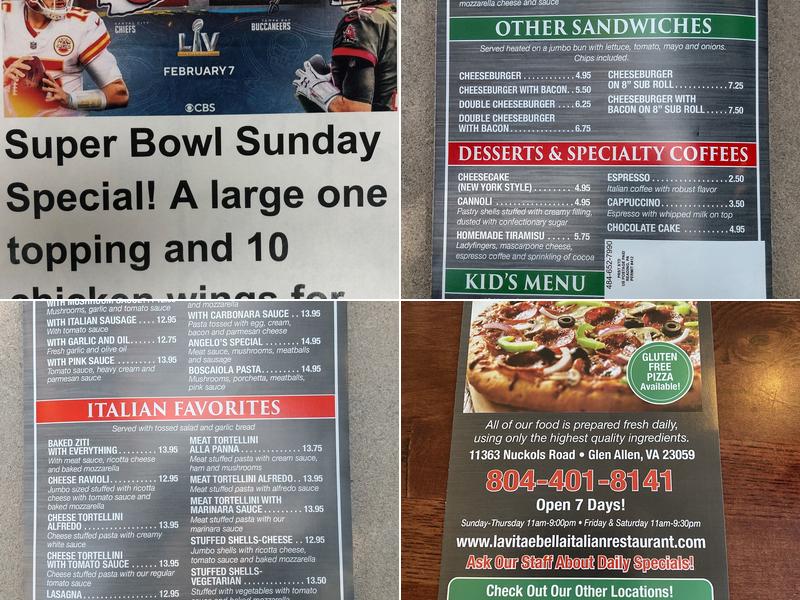 La Vita E' Bella Ristorante Italiano Menu