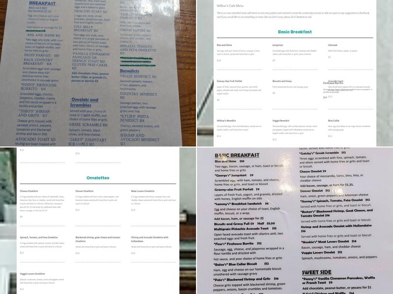 Willow’s Cafe Menu