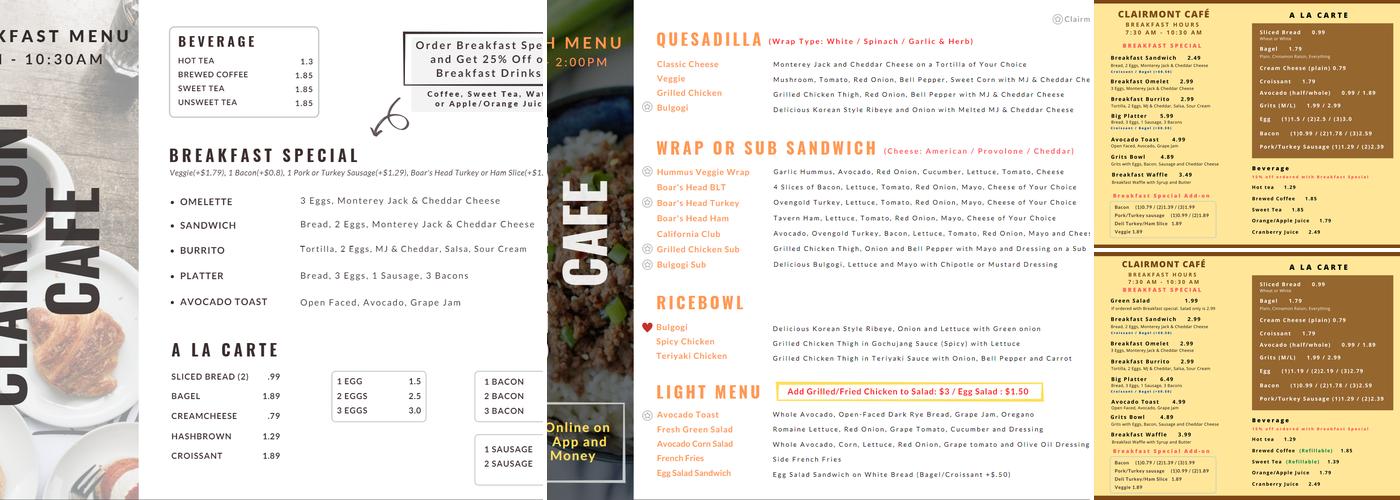 Clairmont Café Menu