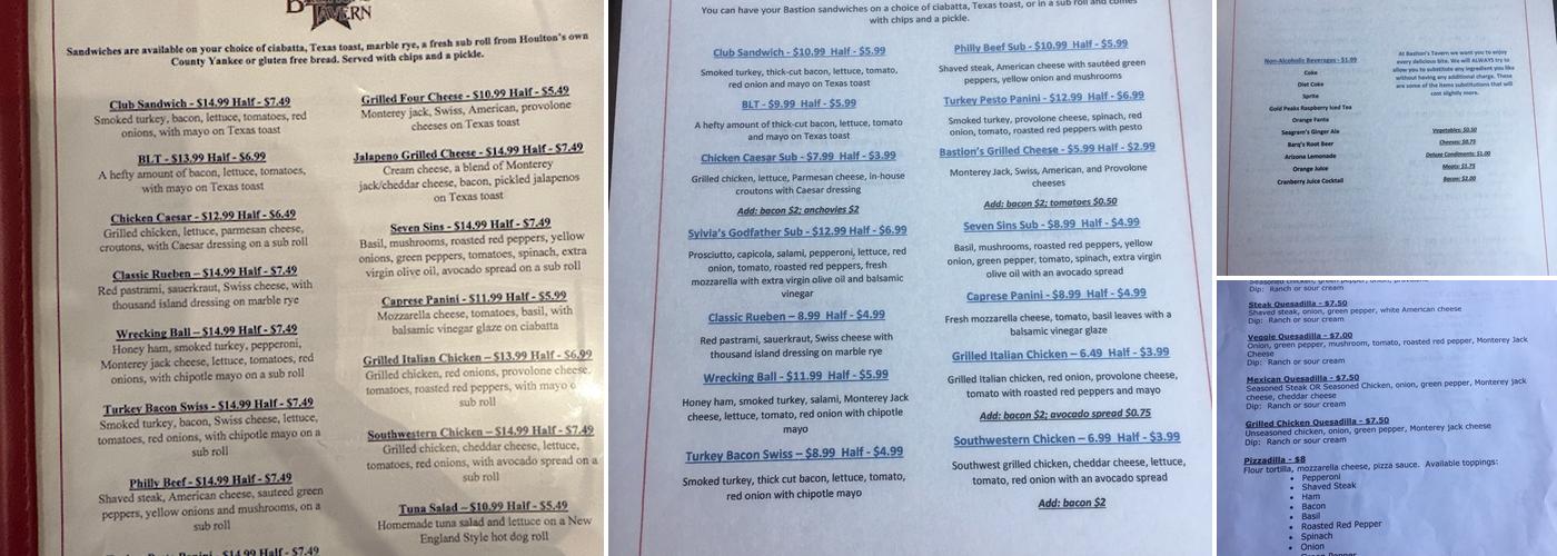 Bastions Tavern Menu