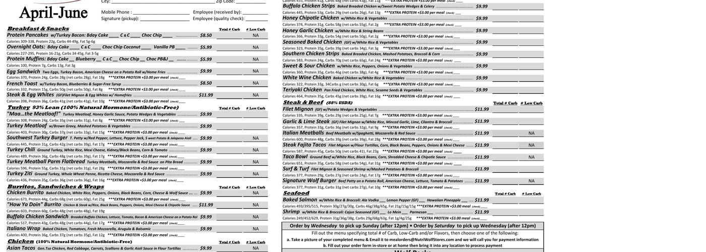 NutriWolf Farmingdale Menu