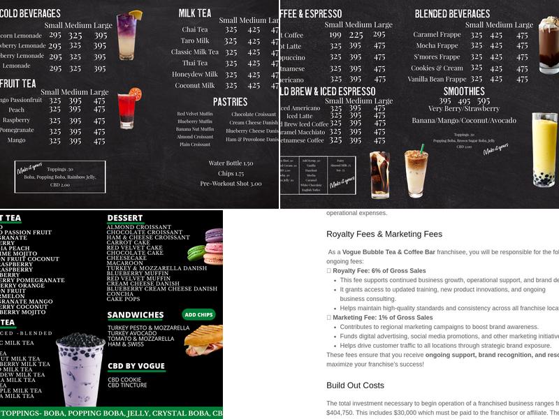 Vogue Bubble Tea & Coffee Bar Franchise Menu