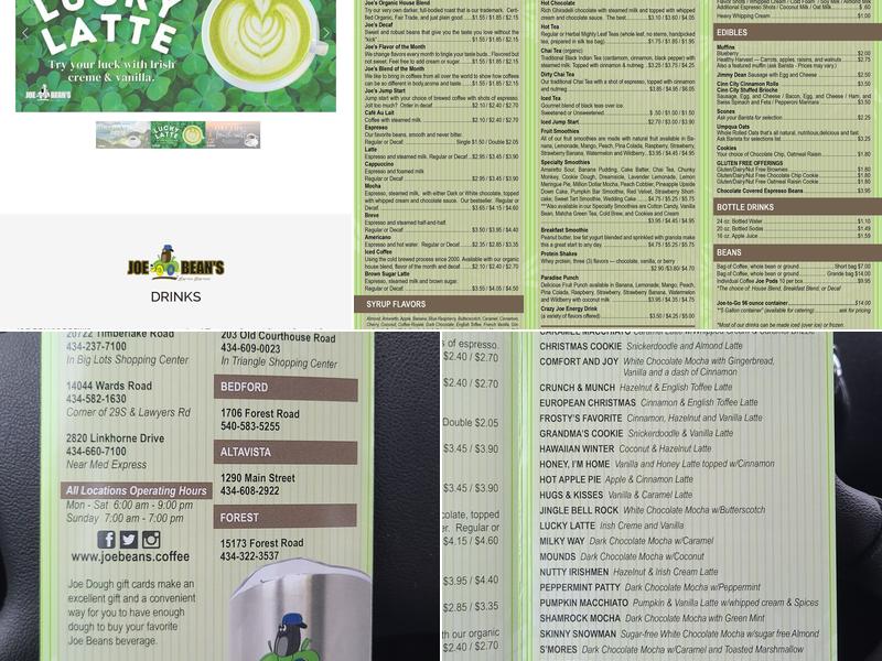 Joe Bean's Express Espresso Menu