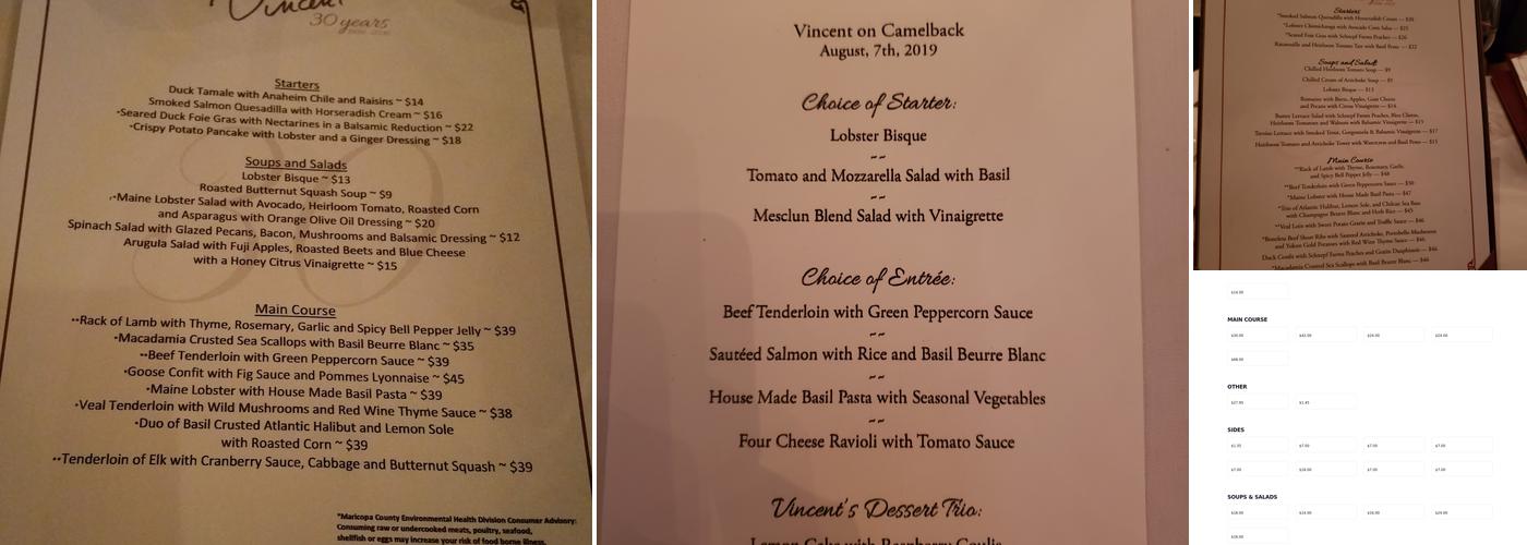 Vincent on Camelback Menu