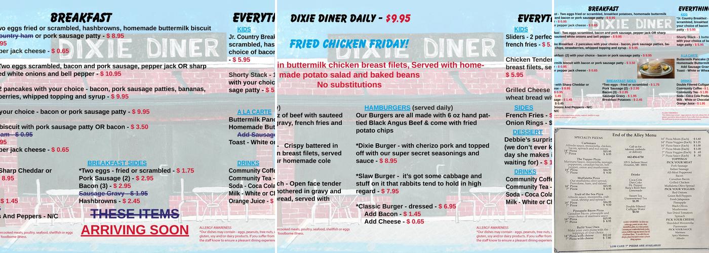 Dixie Diner Menu